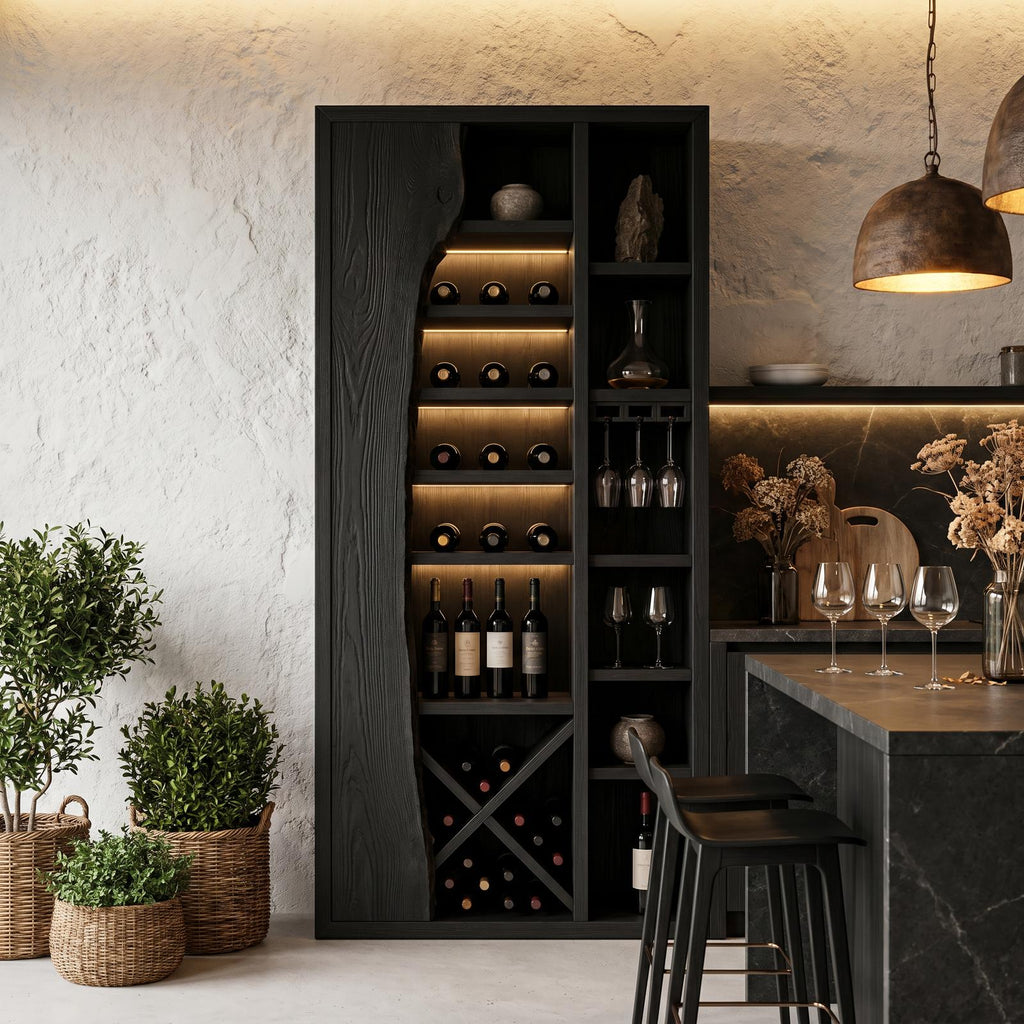 Rustic Wood Wine Cabinet, Live Edge Inlay & Built-In Bottle Storage Bar Credenza for Dining Room