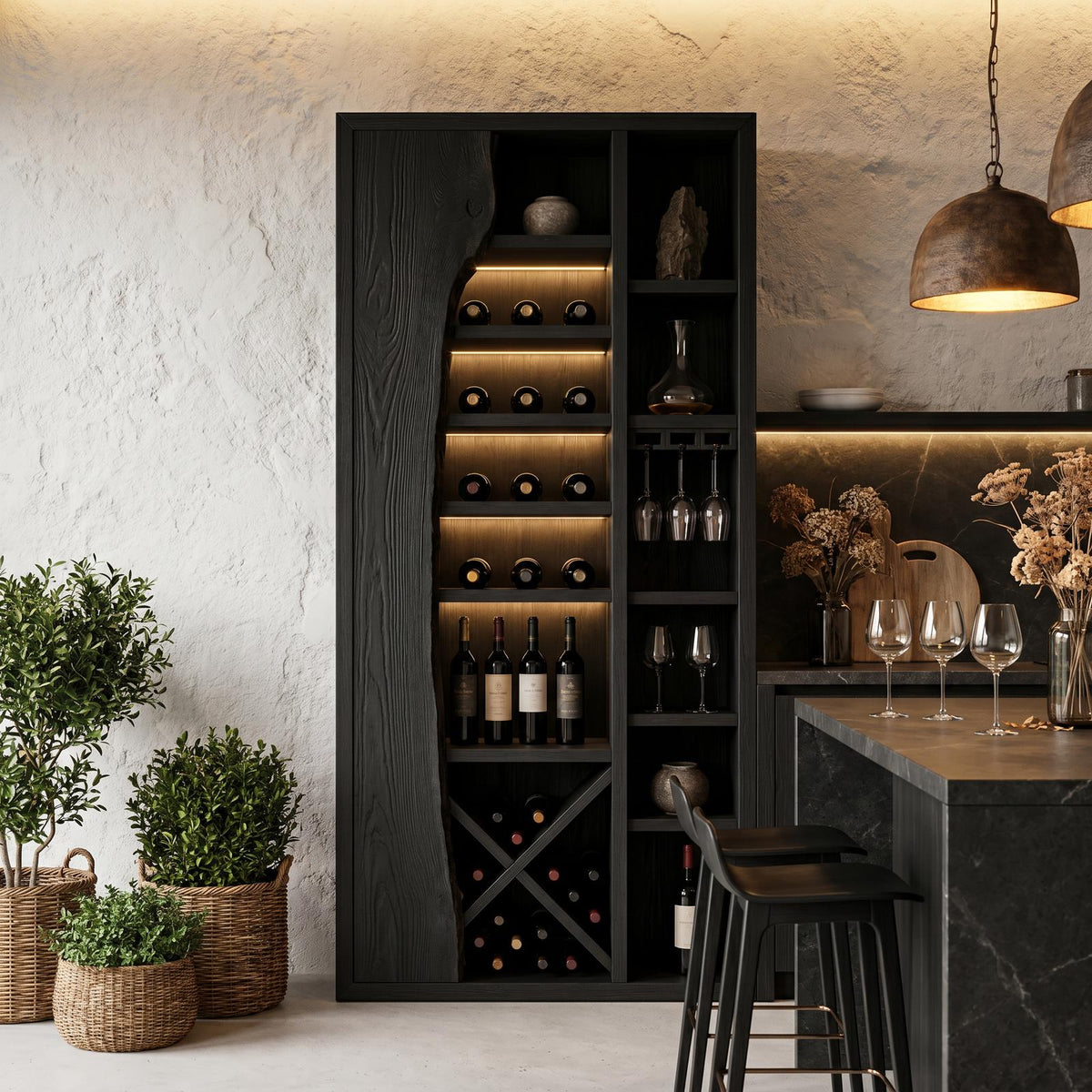 Rustic Wood Wine Cabinet, Live Edge Inlay & Built-In Bottle Storage Bar Credenza for Dining Room