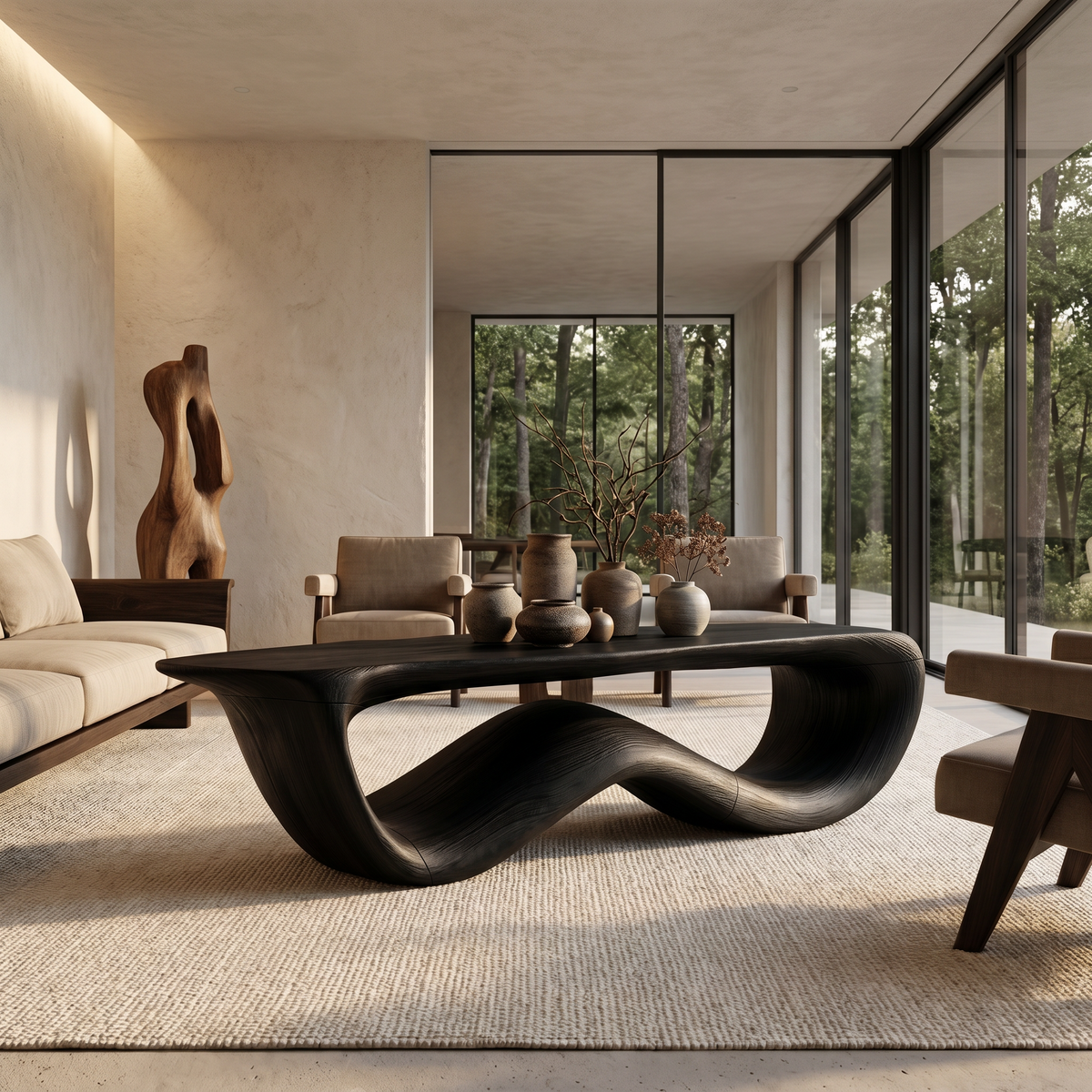 Contemporary Coffee Table with Flowing Solid Wood Silhouette, Organic Handcrafted Living Room Center Table, Model
