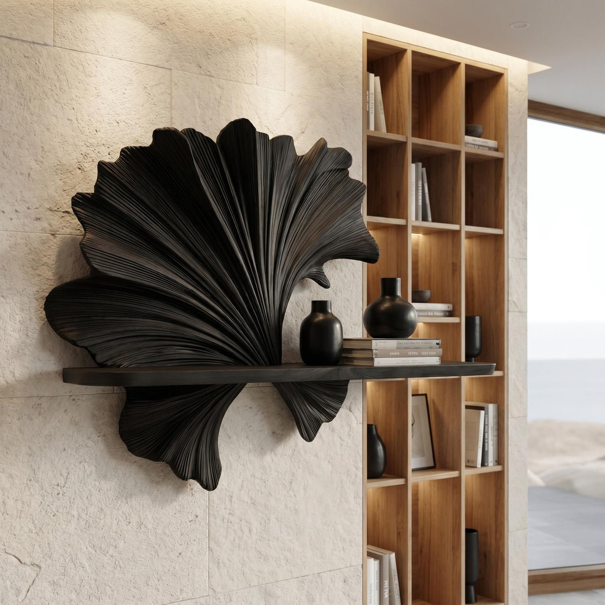 Carved Fan Shape Floating Wall Shelf, Handcrafted Solid Wood Decorative Display Ledge for Living Room