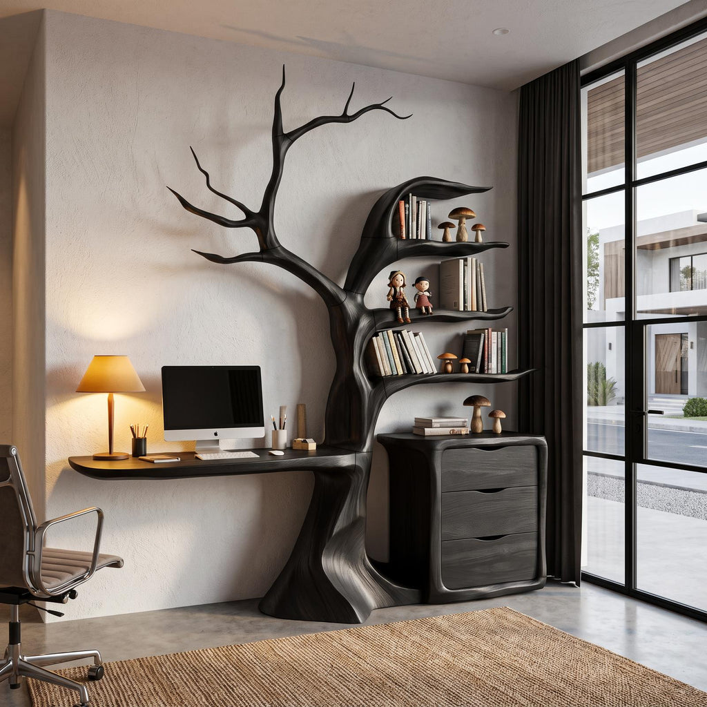 Natural Floating Desk With Sculptural Tree Bookshelf For Home Office