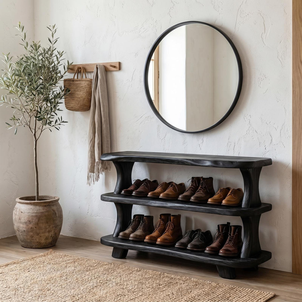 Modern Wooden Shoe Rack, Sculptural Entryway Organizer Closet Cabinet with Shelves