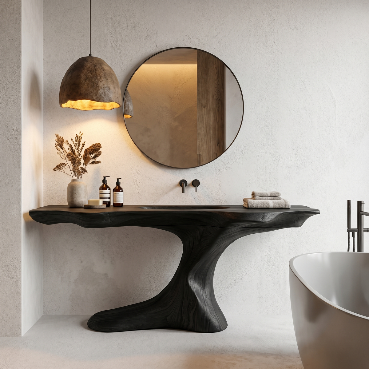 Rustic Organic Bathroom Vanity with Live Edge Countertop & Sculptural Tree Root Base, Wooden Sink Cabinet