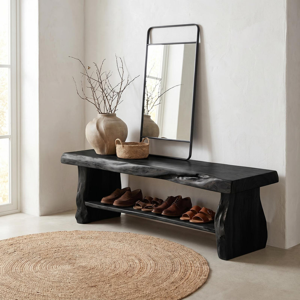 Rustic Solid Wood Shoe Bench, Natural Entryway Shoe Organizer Rack & Seat with Storage