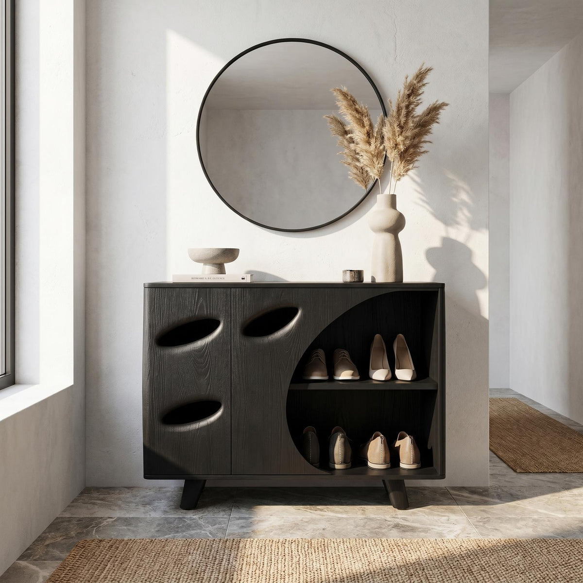 Spry Interior Mid Century Wood Shoe Cabinet, Organic Cutout Entryway Shoe Organizer Rack with Doors, SINLHASB097