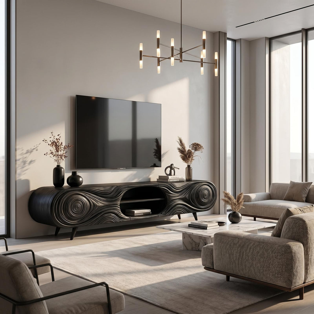 Organic Modern TV Cabinet, Handcrafted Sculptural Wood Grain Media Console Board with Storage for Living Room, Model