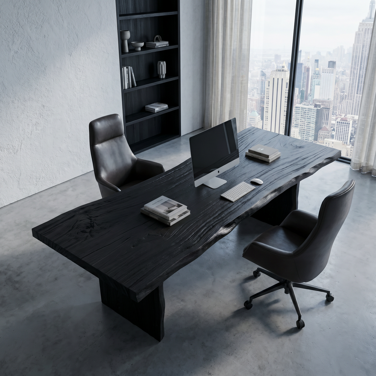 Rustic Live Edge Wooden Desk with Solid Wood Pedestal Base, Natural Edge Executive Office Computer Table