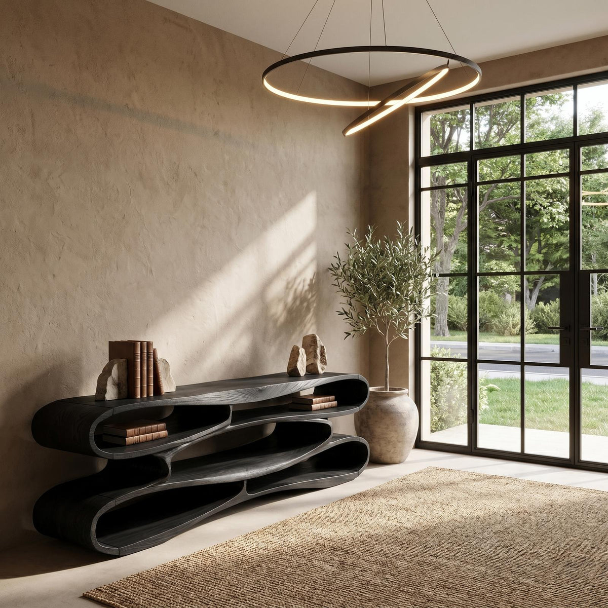 Sculptural Solid Wood TV Cabinet, Handcrafted Nature-Inspired Floating Media Console for Living Room TV Stand, Model