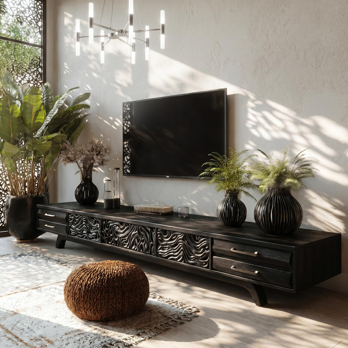 Rustic Solid Wood TV Cabinet, Handcrafted Nature-Inspired Branch Shape Media Console Table for Living Room, Model