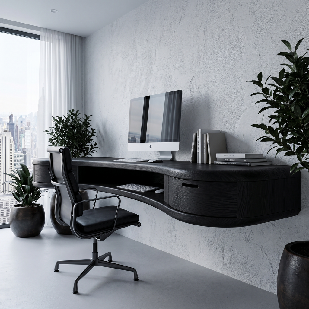 Modern Floating Desk with Storage Drawer, Curved Wood Wall Mounted Computer Writing Table for Home Office