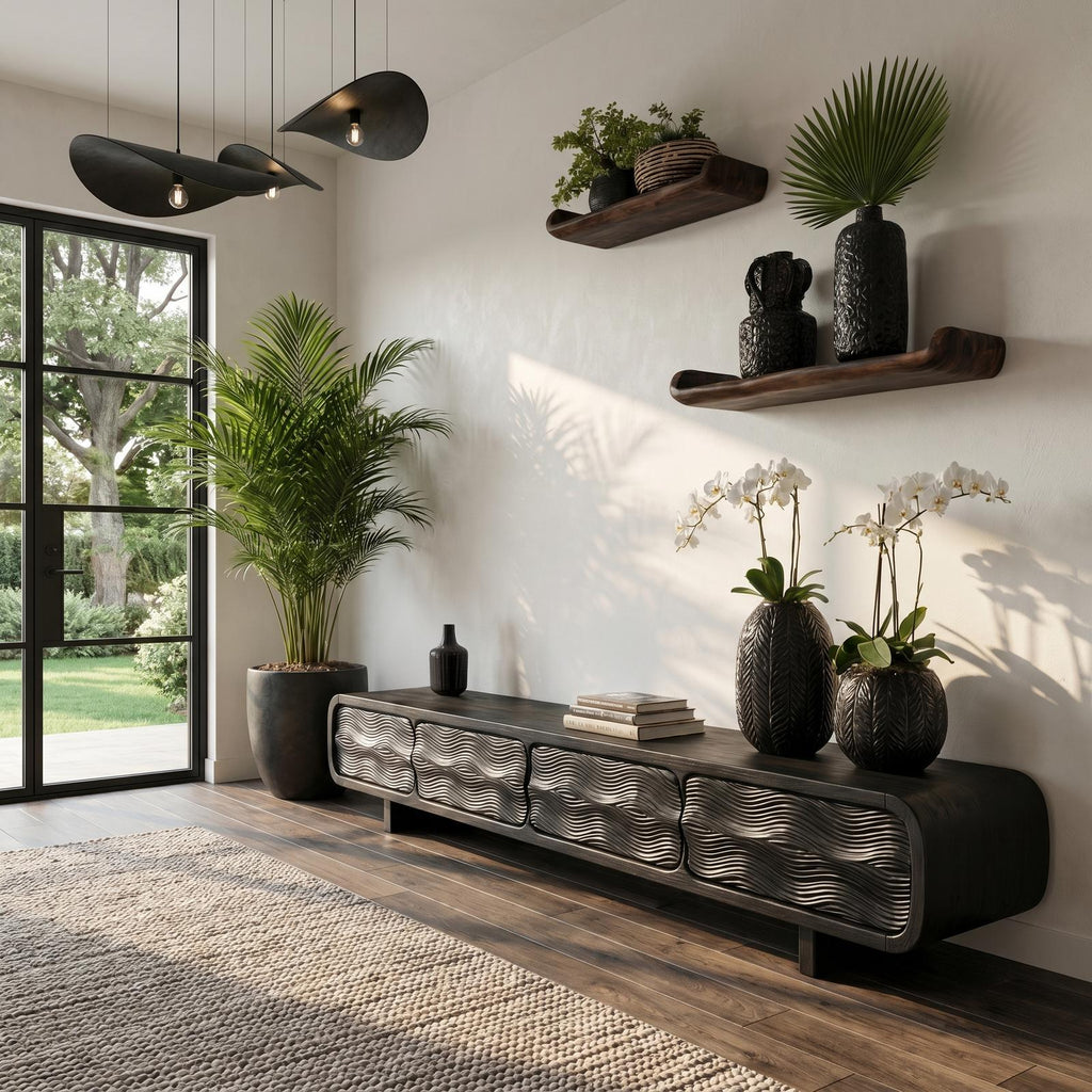 Rustic Solid Wood TV Cabinet, Handcrafted Log Style Media Console Board with Storage for Living Room, Model