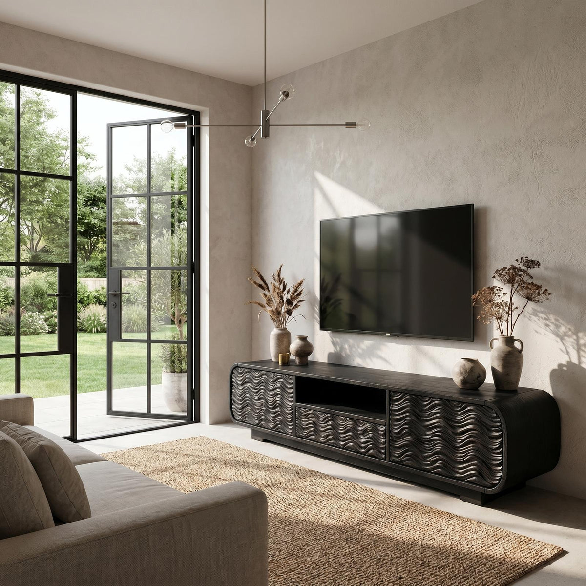 Modern Solid Wood Entertainment Center, Handcrafted Organic Wave Shaped TV Console for Living Room, Model