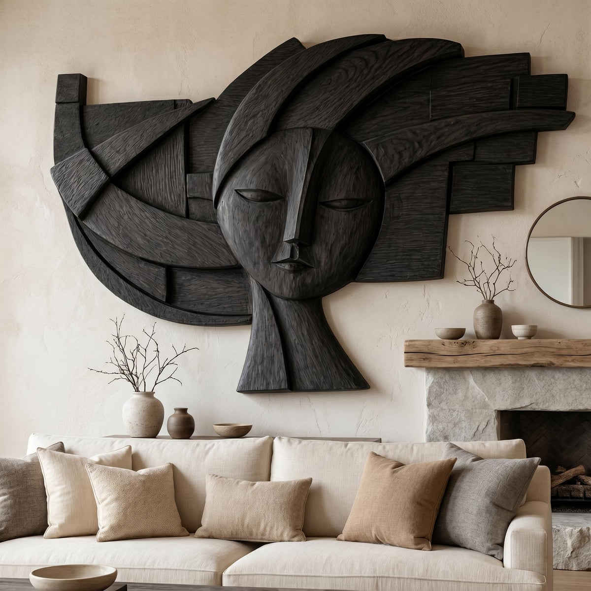 Spry Interior Abstract Tribal Face Wooden Wall Decor, Handcrafted Modern Wood Portrait Art Panel for Living Room, SINLHAWD073