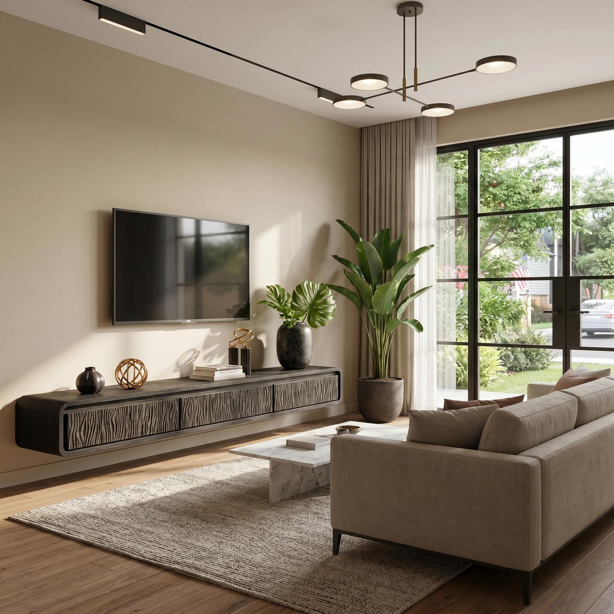 Organic Modern Wall Mounted TV Cabinet, Handcrafted Solid Wood Floating Media Console Entertainment Center, Model