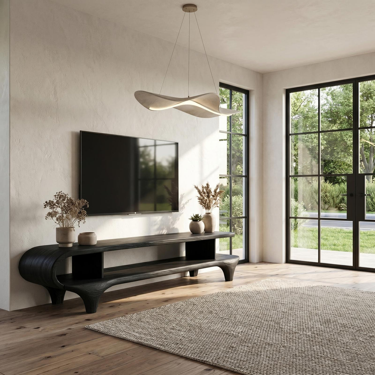 Contemporary Wooden TV Cabinet, Handcrafted Organic Curved Frame Media Console for Living Room TV Stand, Model