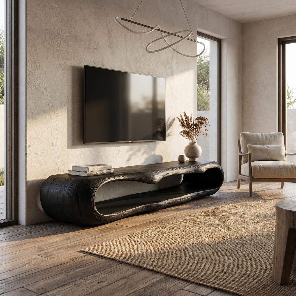 Sculptural Wood TV Cabinet, Handcrafted Nature-Inspired Artistic Media Console Credenza for Living Room, Model
