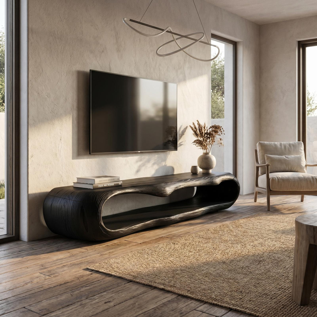 Sculptural Wood TV Cabinet, Handcrafted Nature-Inspired Artistic Media Console Credenza for Living Room, Model