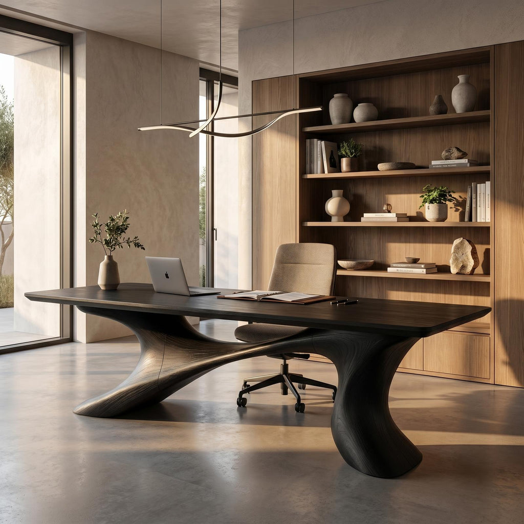 Sculptural Solid Wood Office Desk, Handcrafted Organic Modern Executive Writing Workstation Desk, Model