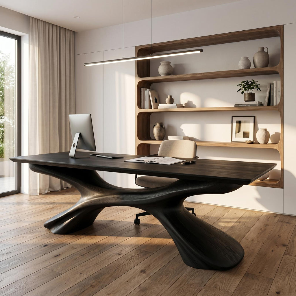 Modern Executive Desk, Handcrafted Sculptural Solid Wood Home Office Computer Writing Workstation Table, Model