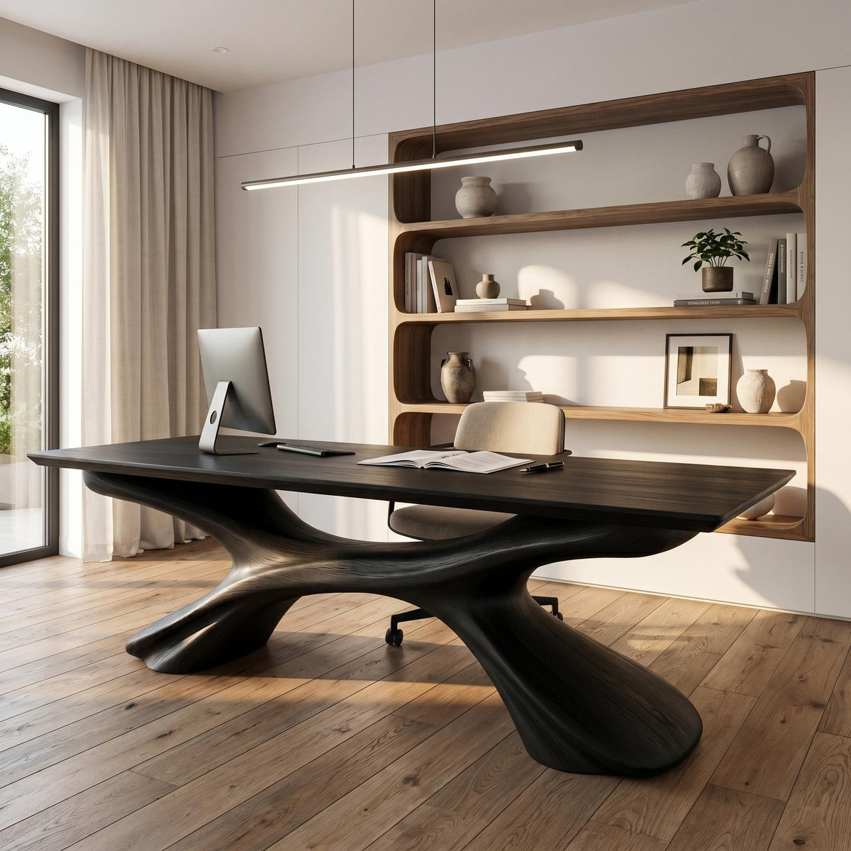 Modern Executive Desk, Handcrafted Sculptural Solid Wood Home Office Computer Writing Workstation Table, Model