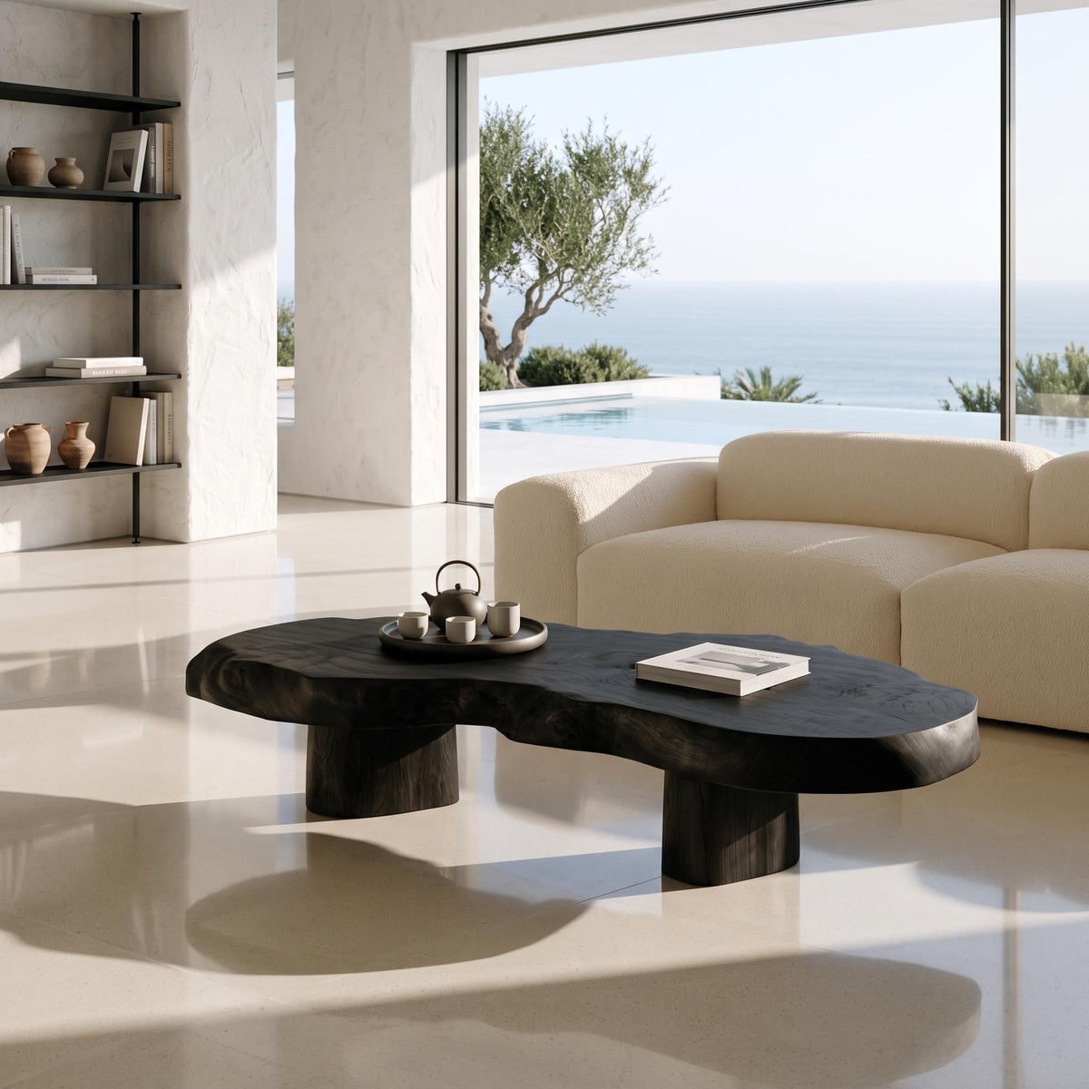 Modern Solid Wood Coffee Table With Sculptural Slab Top For Living Room SINLHACF421