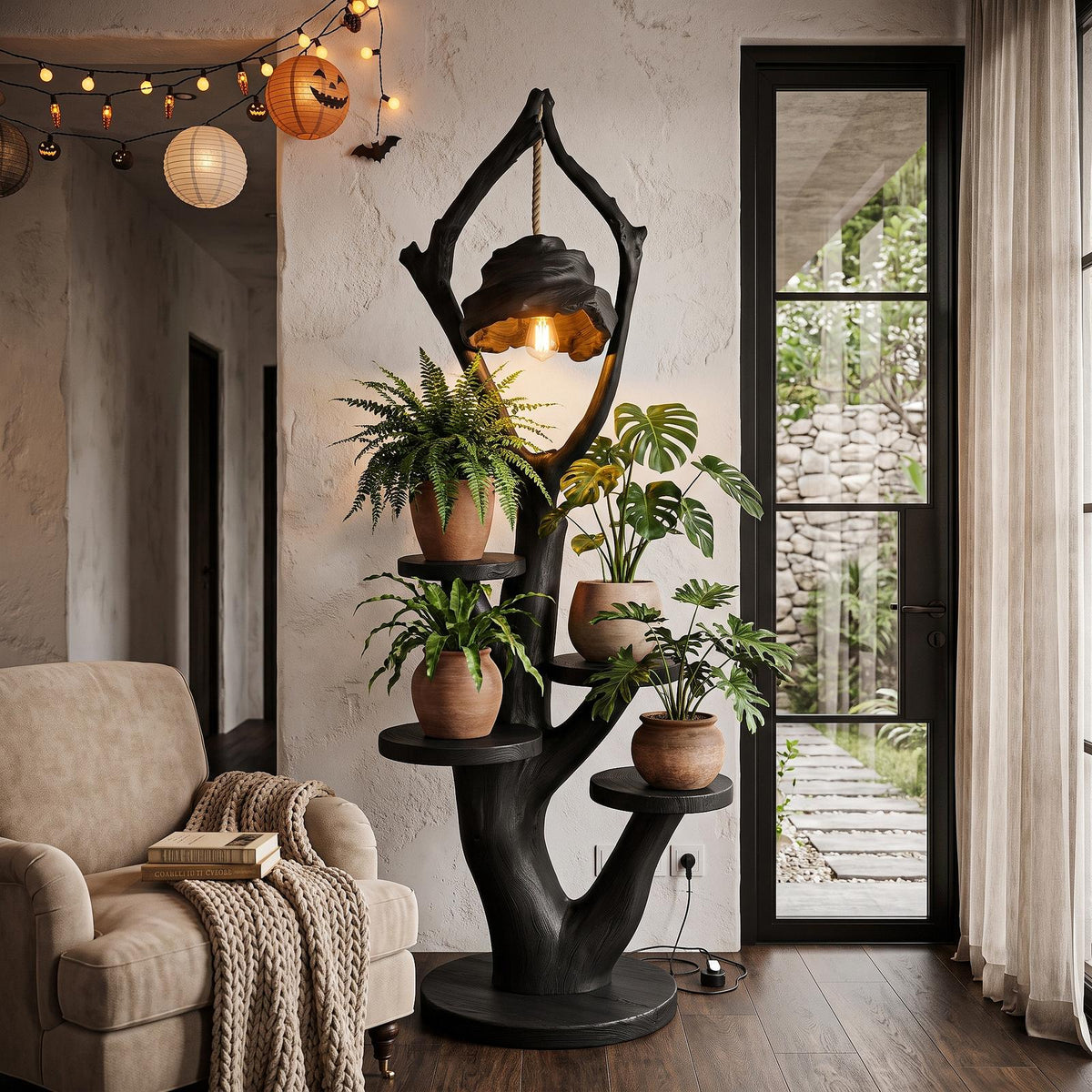 Modern Halloween Multi Tier Plant Stand With Sculptural Branch Shelves For Sunroom