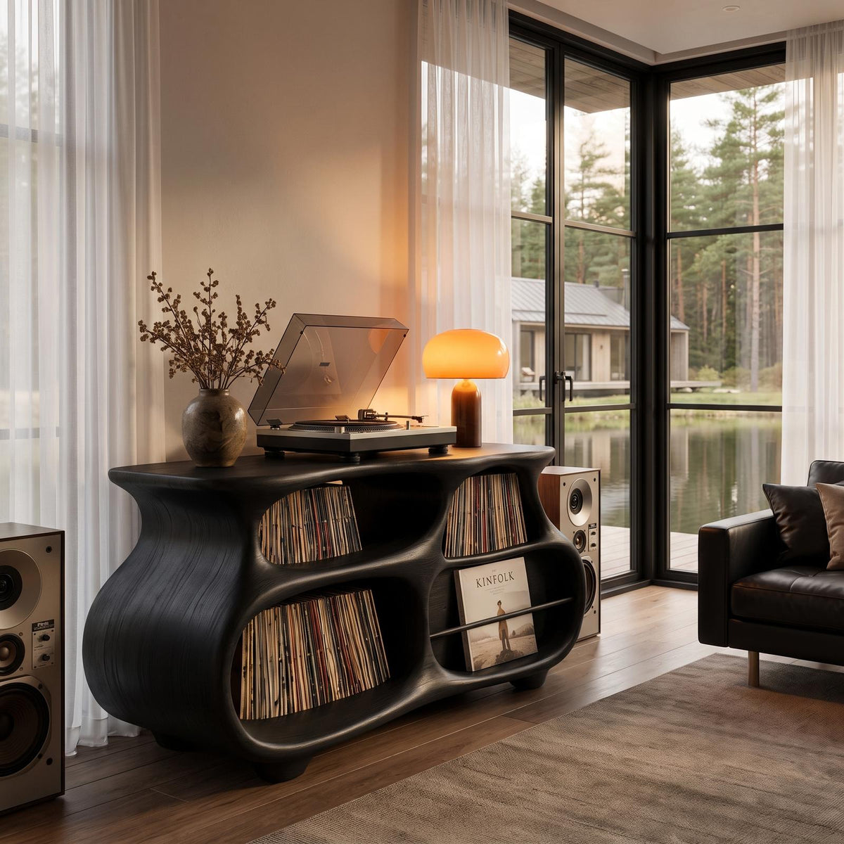 Mid Century Vinyl Record Stand With Artistic Flowing Silhouette For Entryway
