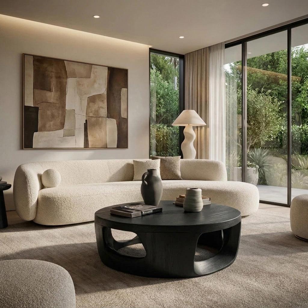 Teezano Contemporary Round Wooden Coffee Table with Open Cut Out Base, Modern Minimalist Center Table, Model RTTHHNCF068