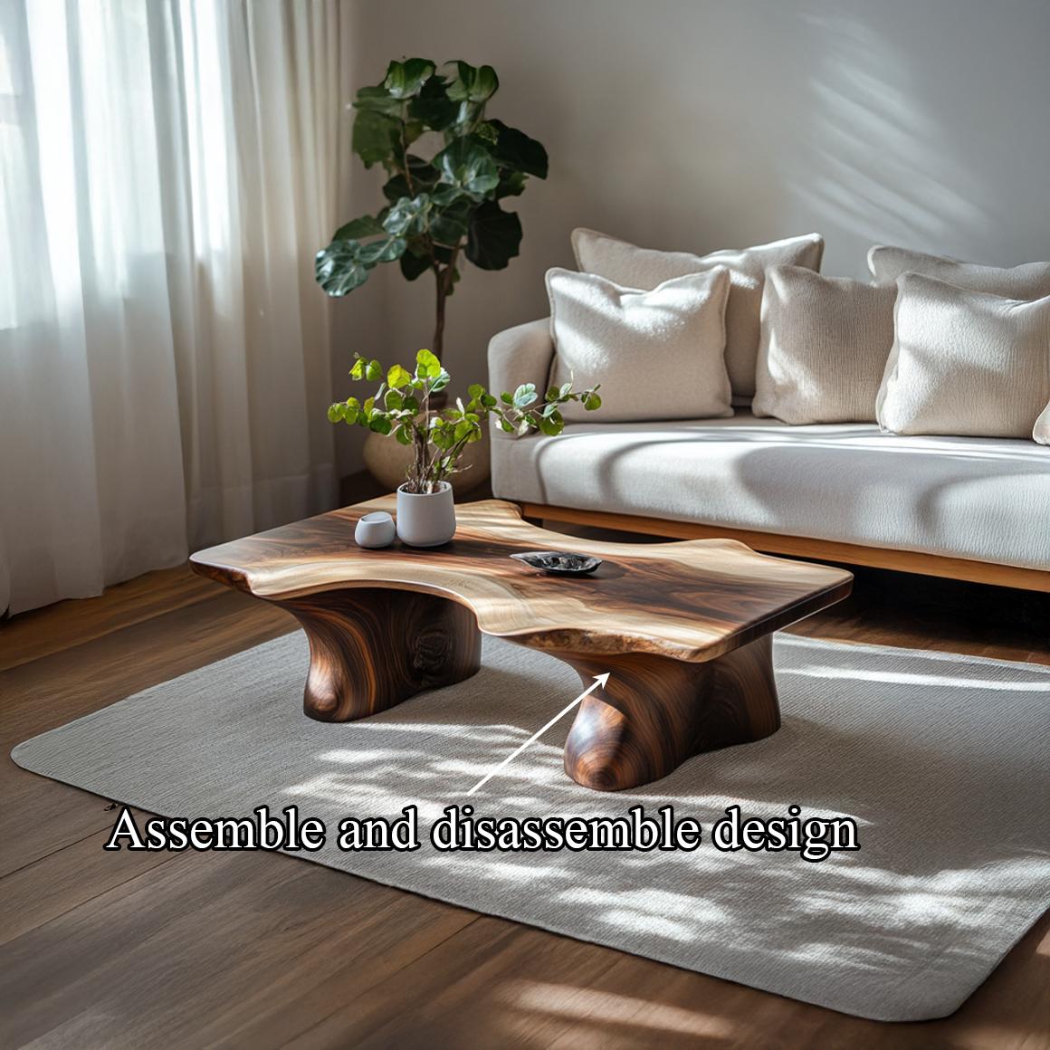 Mid Century Curved Edge Coffee Table, Solid Wood Minimalist Smooth Shape Centerpiece for Living Room, Family Room