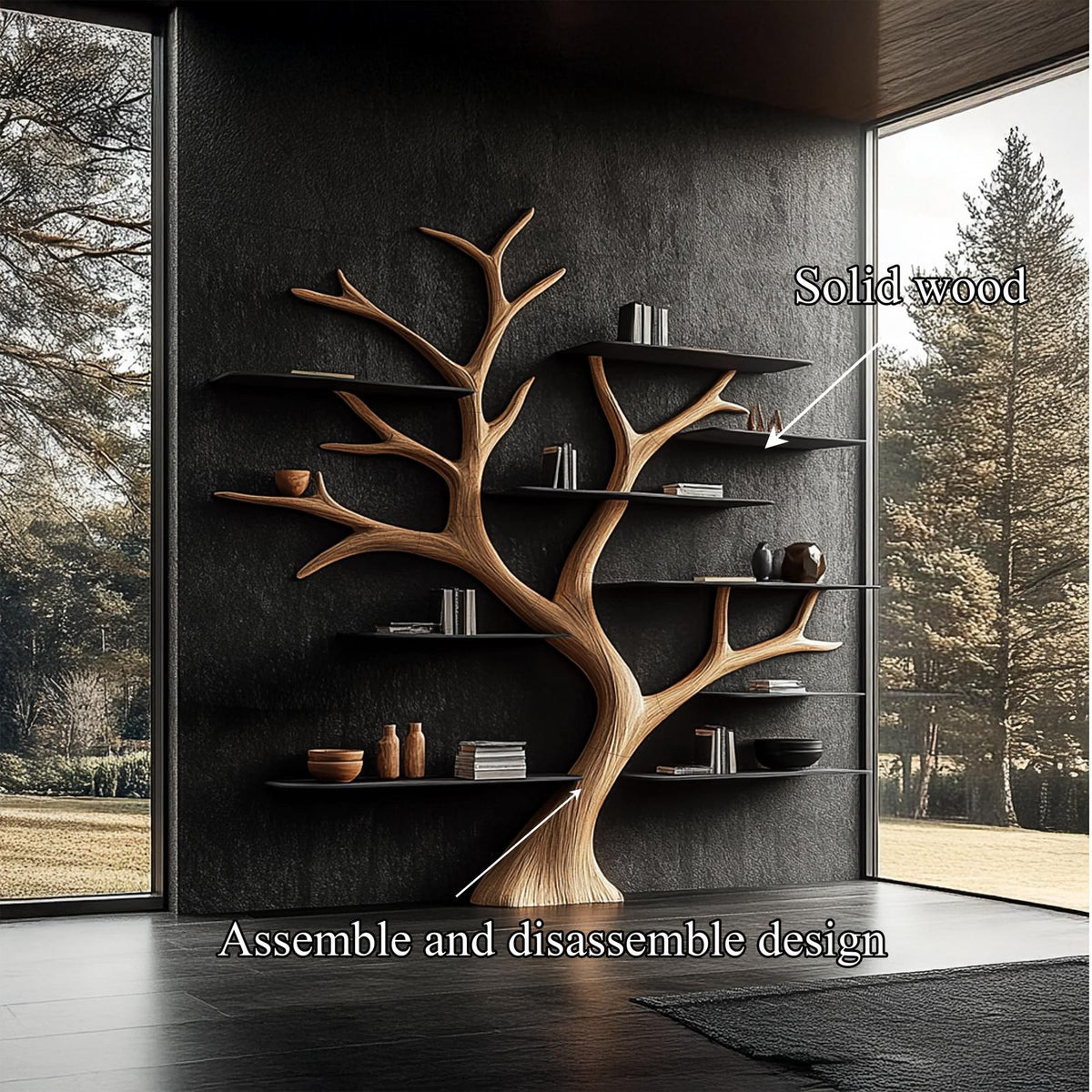 Rustic Wide Tree Bookshelf, Solid Wood Multi-Tier Floating Wall Bookcase for Home Office, Living Room Display & Storage
