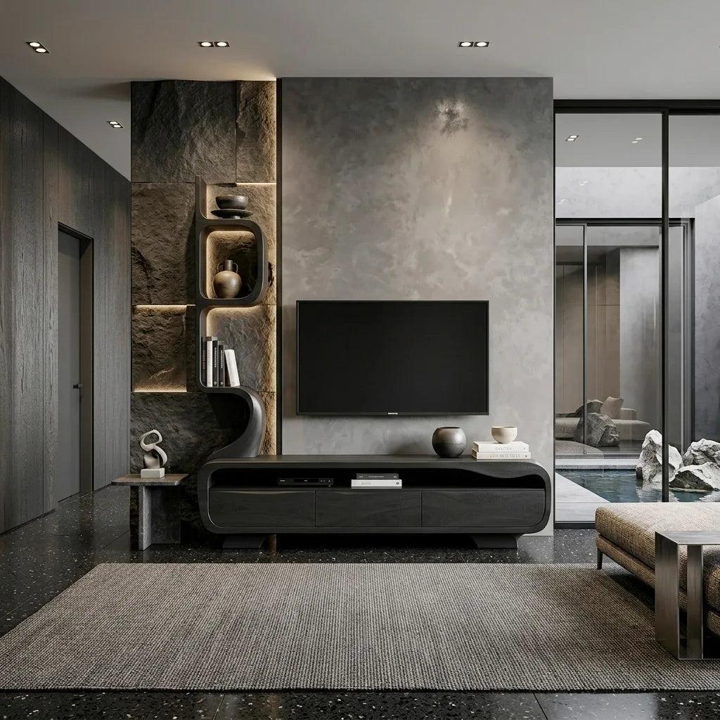 Organic Sculptural TV Console With Display Shelves For Living Room