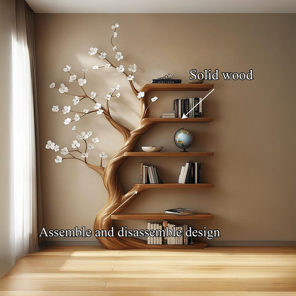 Rustic Tree Bookshelf, Handcrafted Solid Wood Flower Design Wall Mounted Bookcase & Floating Display for Living Room