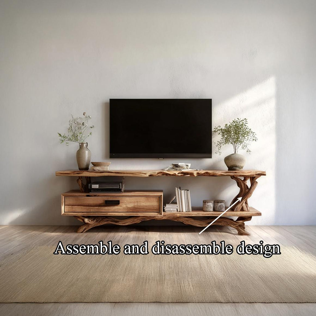 Rustic Live Edge Wood TV Cabinet, Natural Solid Slab Media Console, Low Profile Television Credenza for Living Room