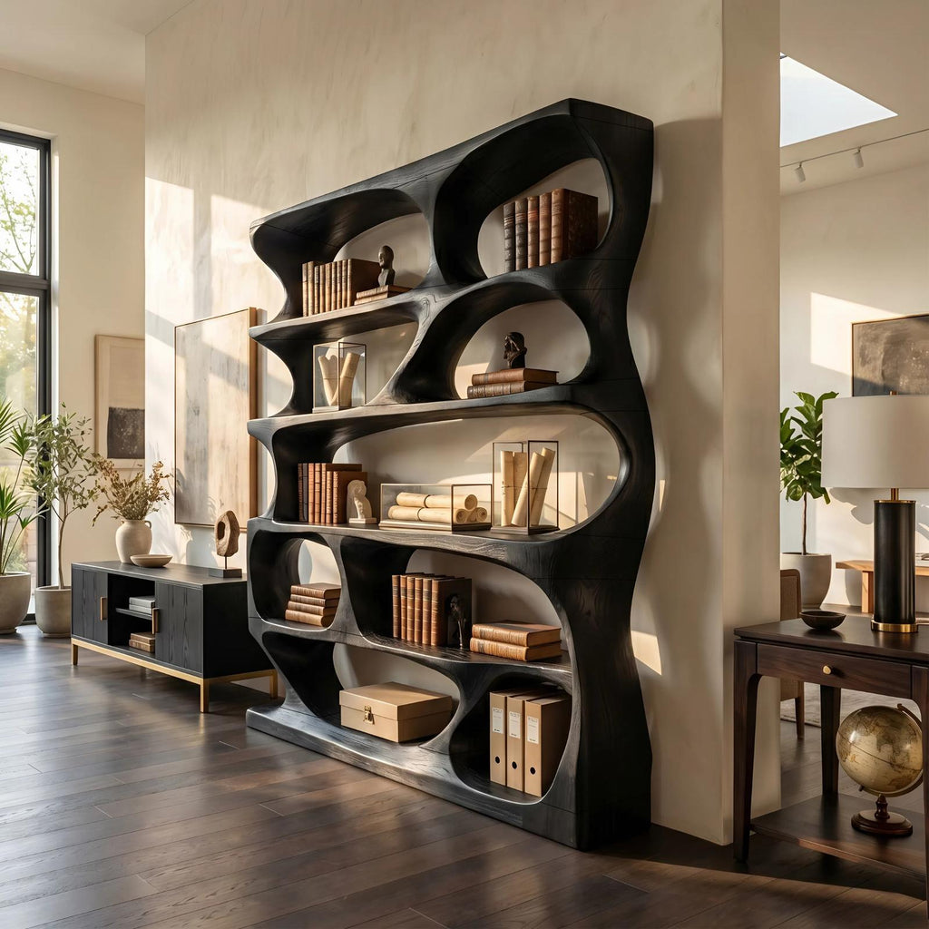 Minimalist Sculptural Bookshelf, Handcrafted Solid Wood Vertical Bookcase & Storage Display Organizer for Home Office