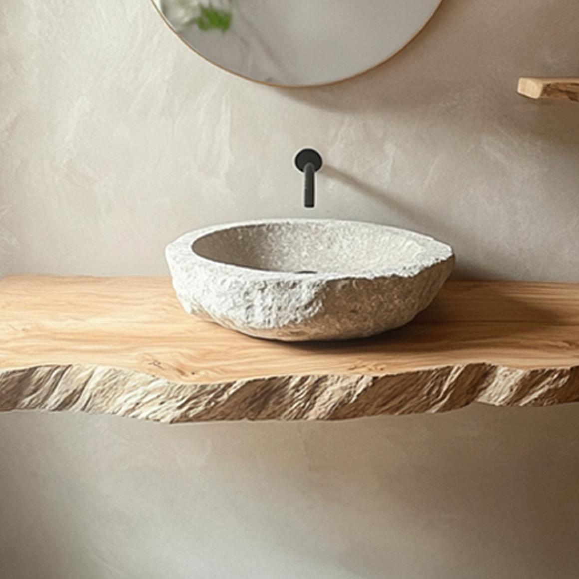 Teezano Rustic Live Edge Wood Floating Shelf, Bathroom Vanity Natural Solid Wood Wall Storage Shelf, Model SINLSABRV173