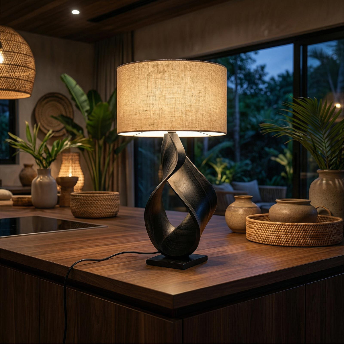 Contemporary Artistic Table Lamp, Creative Wood Desk Light for Home Office, Studio & Workspace