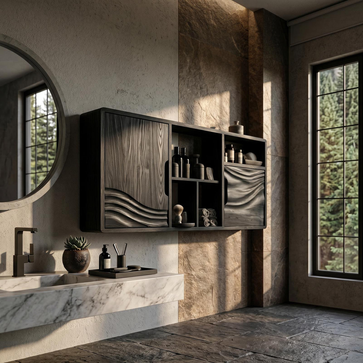 Spry Interior Organic Wood Wave Accent Bathroom Cabinet, Contemporary Urban Vanity Storage Credenza, SILDTTRBRC009