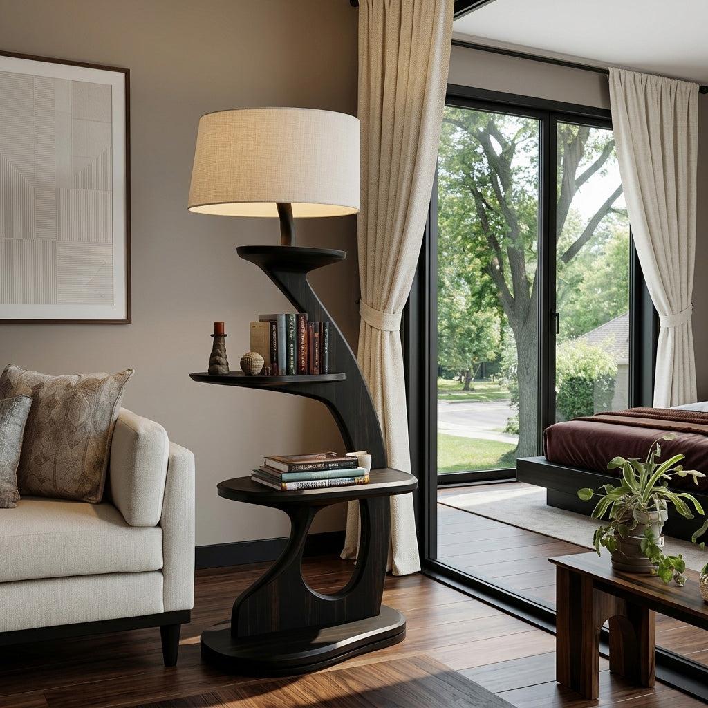 Modern Wooden Floor Lamp With 2-Tier Shelving Unit For Home