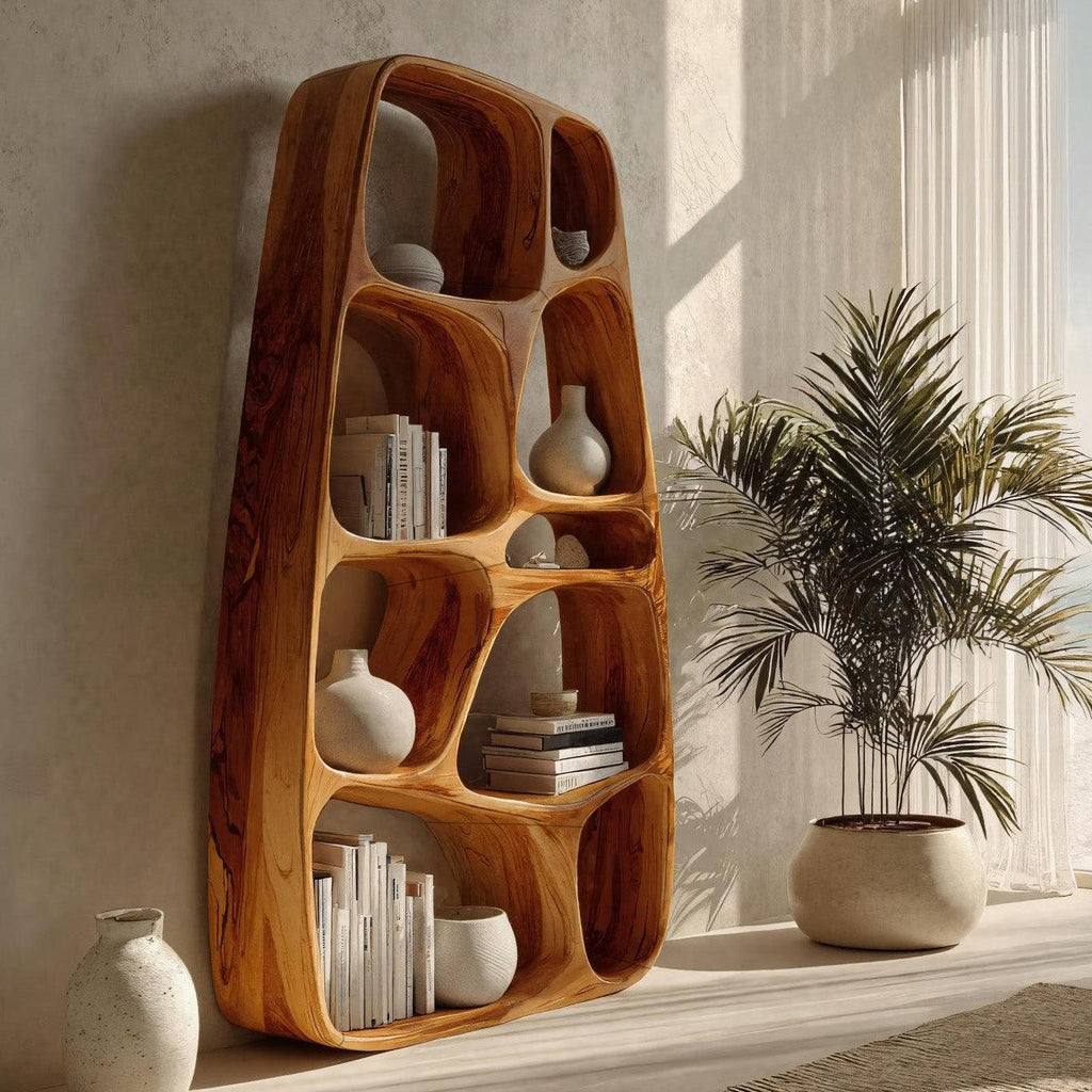 Handcrafted Wooden Sculptural Bookshelf, Solid Wood Standing Bookcase for Modern Living Room & Office Decor