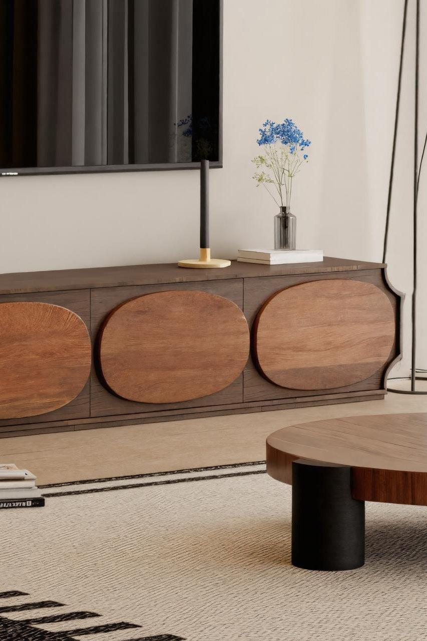 Modern Rounded Wood TV Console, Curved Media Stand & Entertainment Center Cabinet for Living Room
