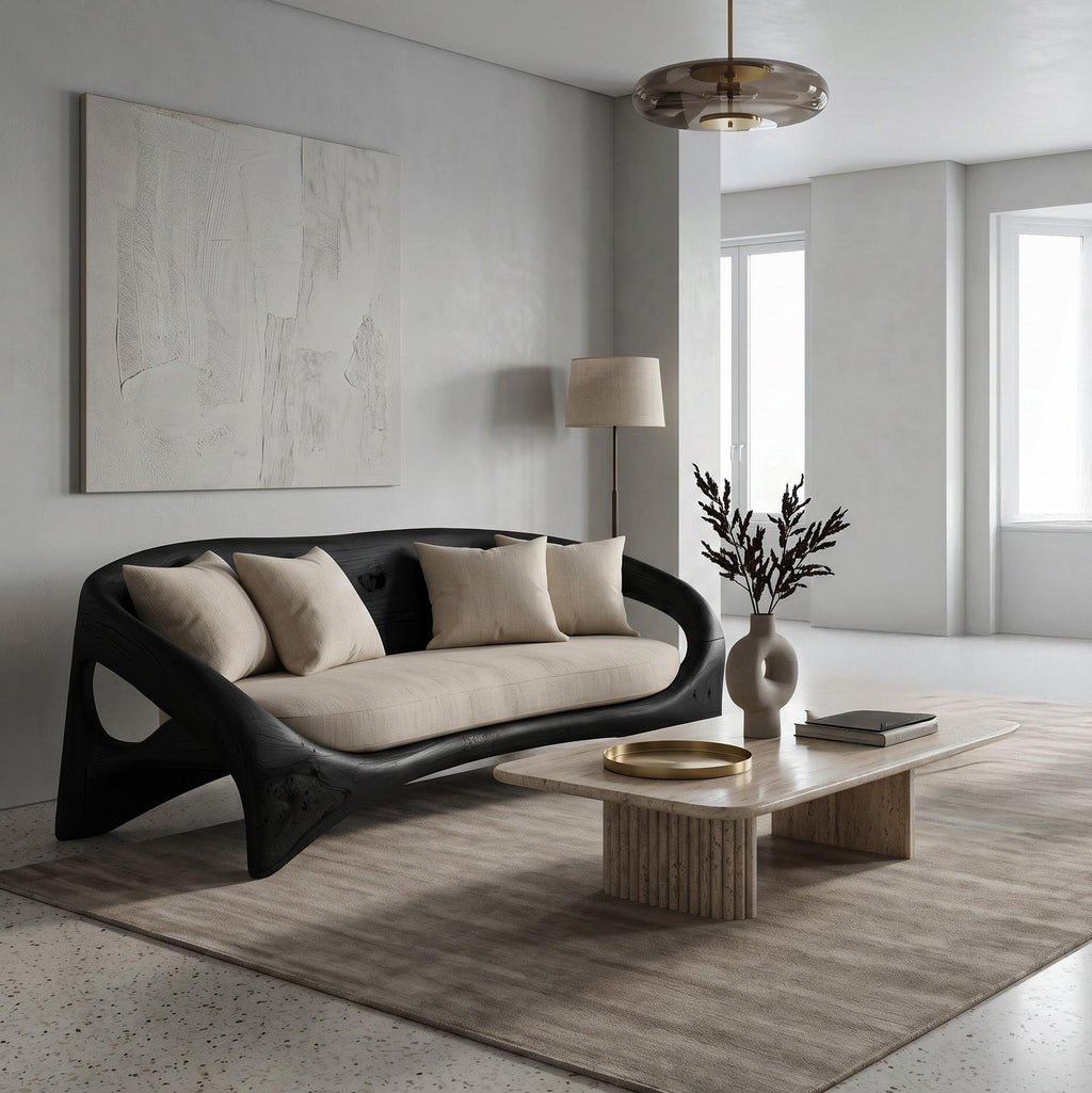 Organic Sculptural Sofa, Contemporary Solid Wood Settee, Modern Designer Couch for Living Room Lounge Space
