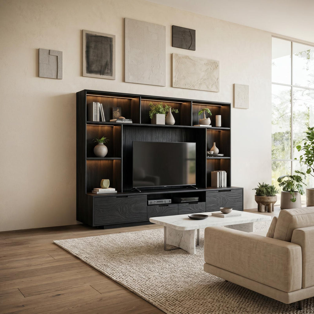 Teezano Modern TV Wall Unit with Backlight Shelves, Floating Wood Entertainment Center Media Console for Living Room, SITHTTTVC013
