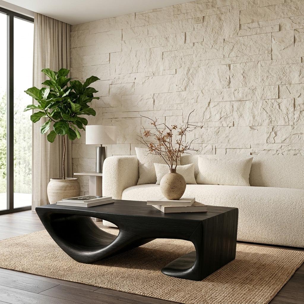 Spry Interior Minimalist Curved Wooden Coffee Table, Modern Organic Sleek Center Table for Living Room, Model RTTHHNCF047