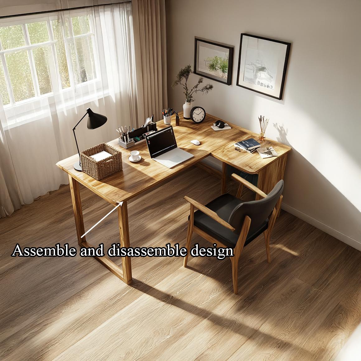 Warm Minimalist Writing Corner Desk, L-Shape Solid Wood Computer Table for Studio, Reading Room & Work Space