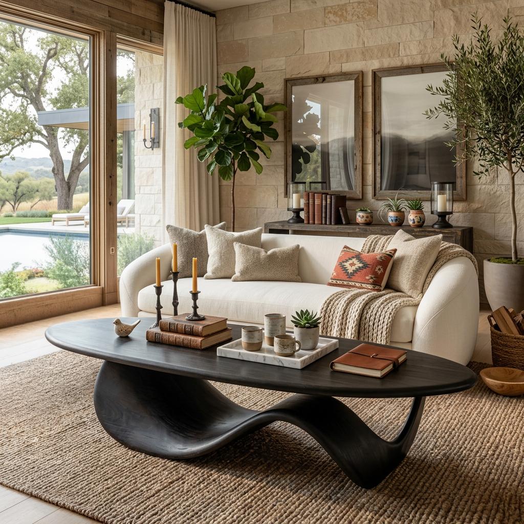 Modern Wooden Coffee Table with Sculptural Wave Design, Unique Organic Center Table for Living Room, Model