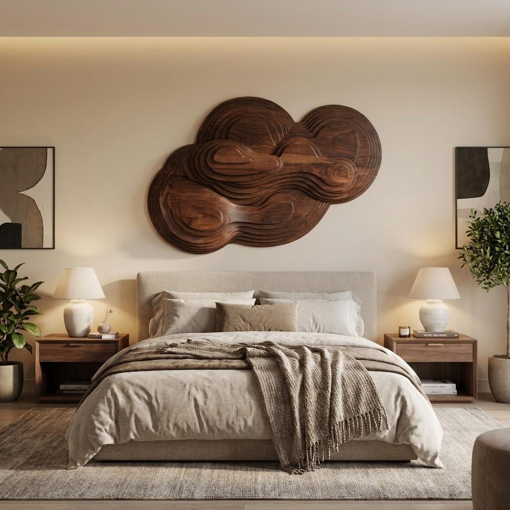 Organic Cloud Wooden Wall Sculpture, Layered Handcrafted Solid Wood Wall Art for Bedroom, Living Room & Nursery
