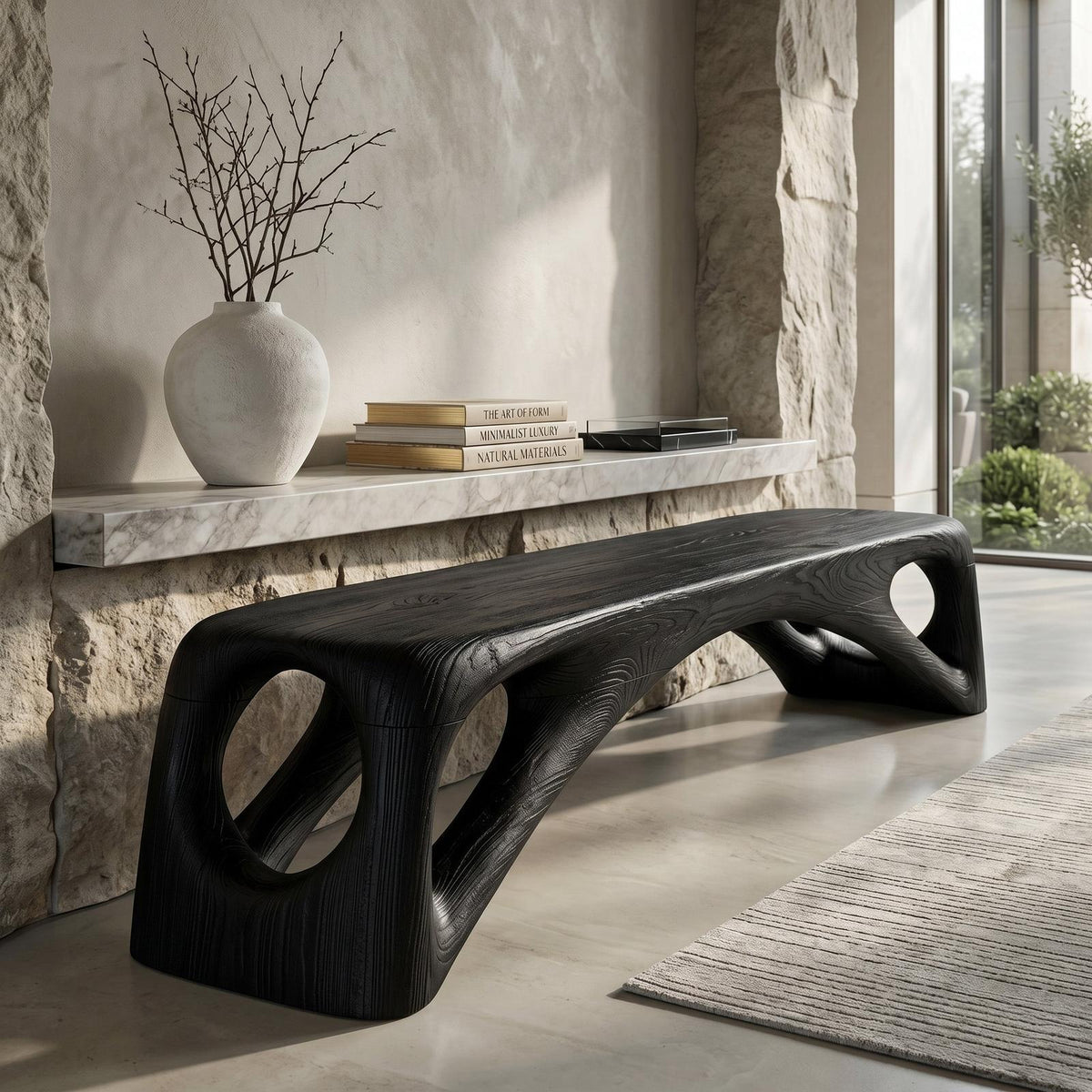 Organic Wooden Bench Hollow Design For Living Room