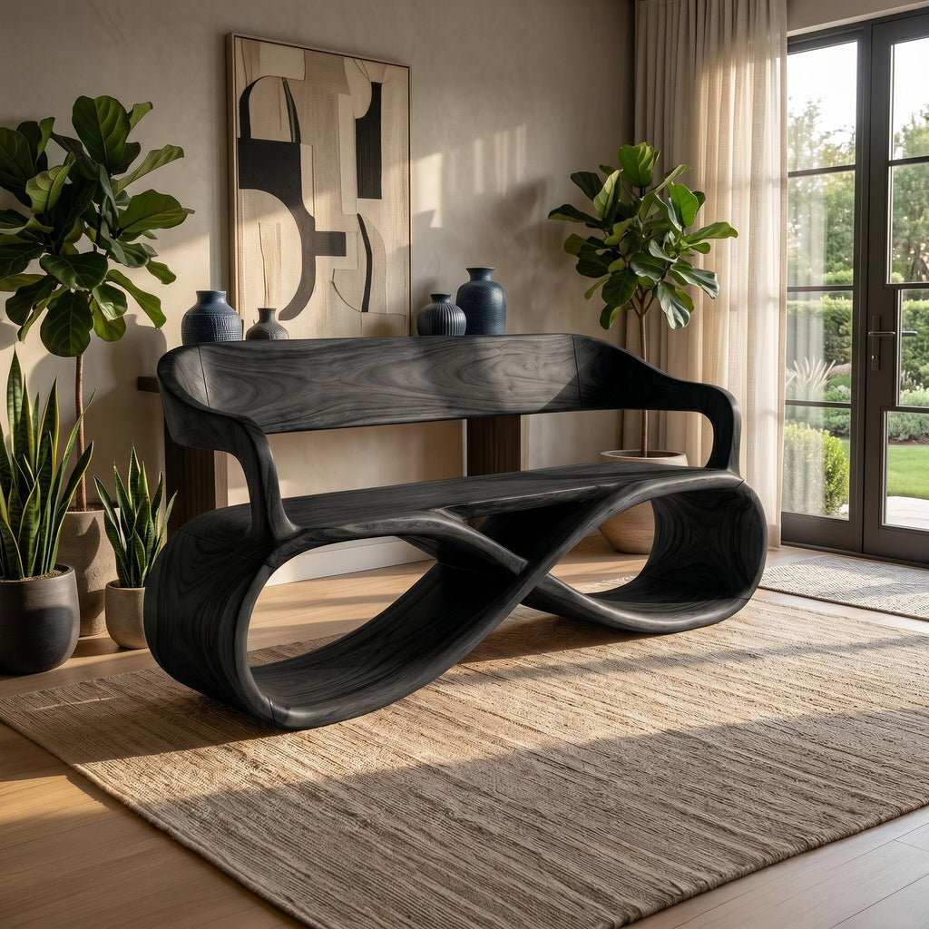 Sculptural Wooden Bench Modern Living Room