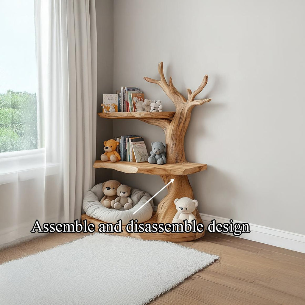 Rustic Corner Tree Bookshelf, Solid Wood Children Bedroom Wall Hanging Bookcase & Kids Floating Toy Organizer Shelf