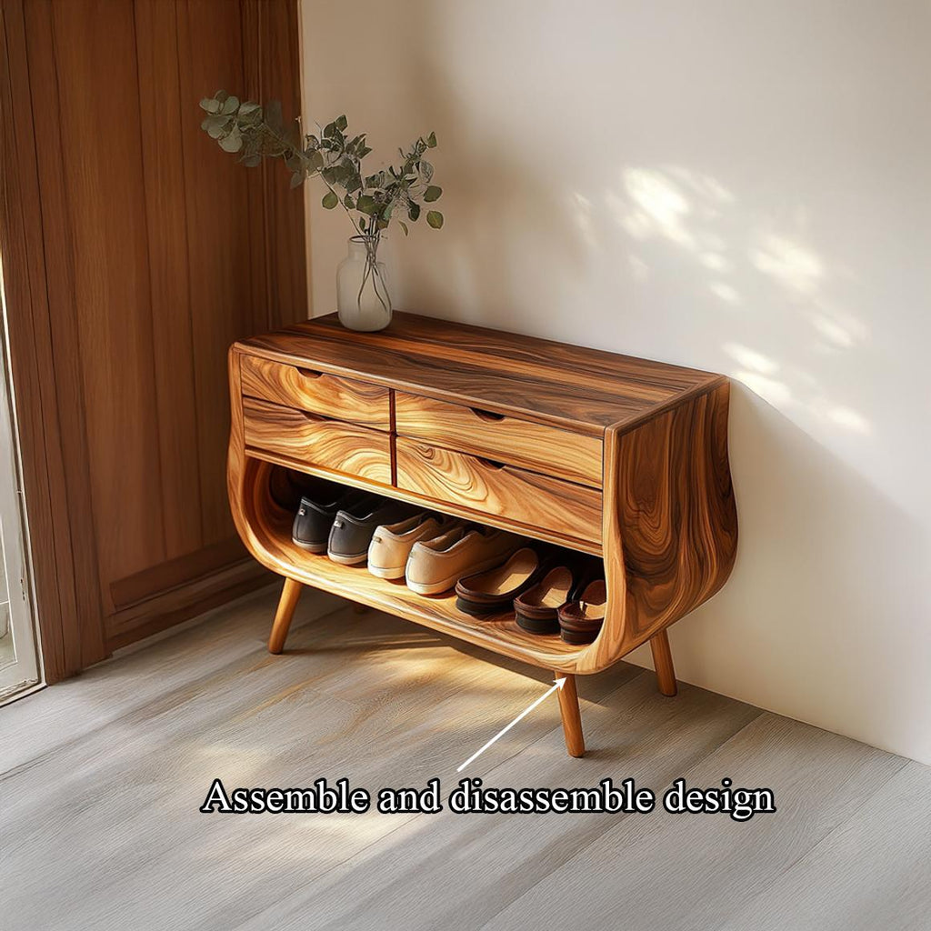 Mid Century Modern Shoe Organizer Bench, Soft Curved Solid Wood Storage Cabinet for Entryway, Reading Room